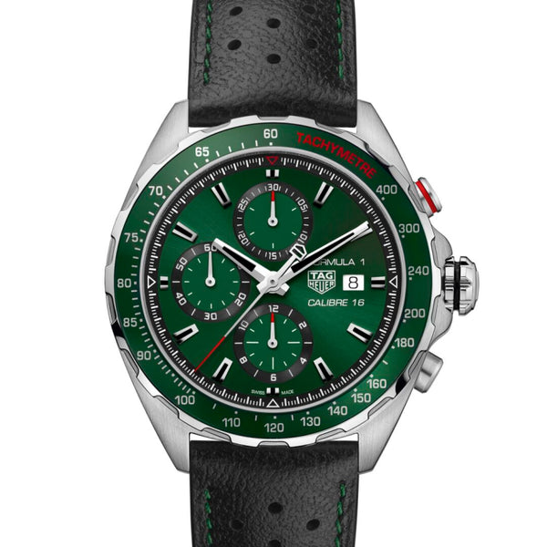 Tag Heuer Formula 1 Calibre 16 Automatic Chronograph Green Dial Black Leather Strap Watch for Men - CAZ2016.FC6473 Buy Now By Tag Heuer