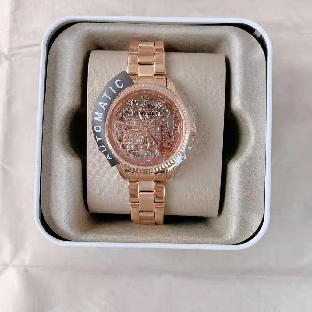 Fossil Rye Automatic Skeleton Rose Gold Dial Rose Gold Steel Strap Watch for Women - BQ3754 Buy Now By Fossil