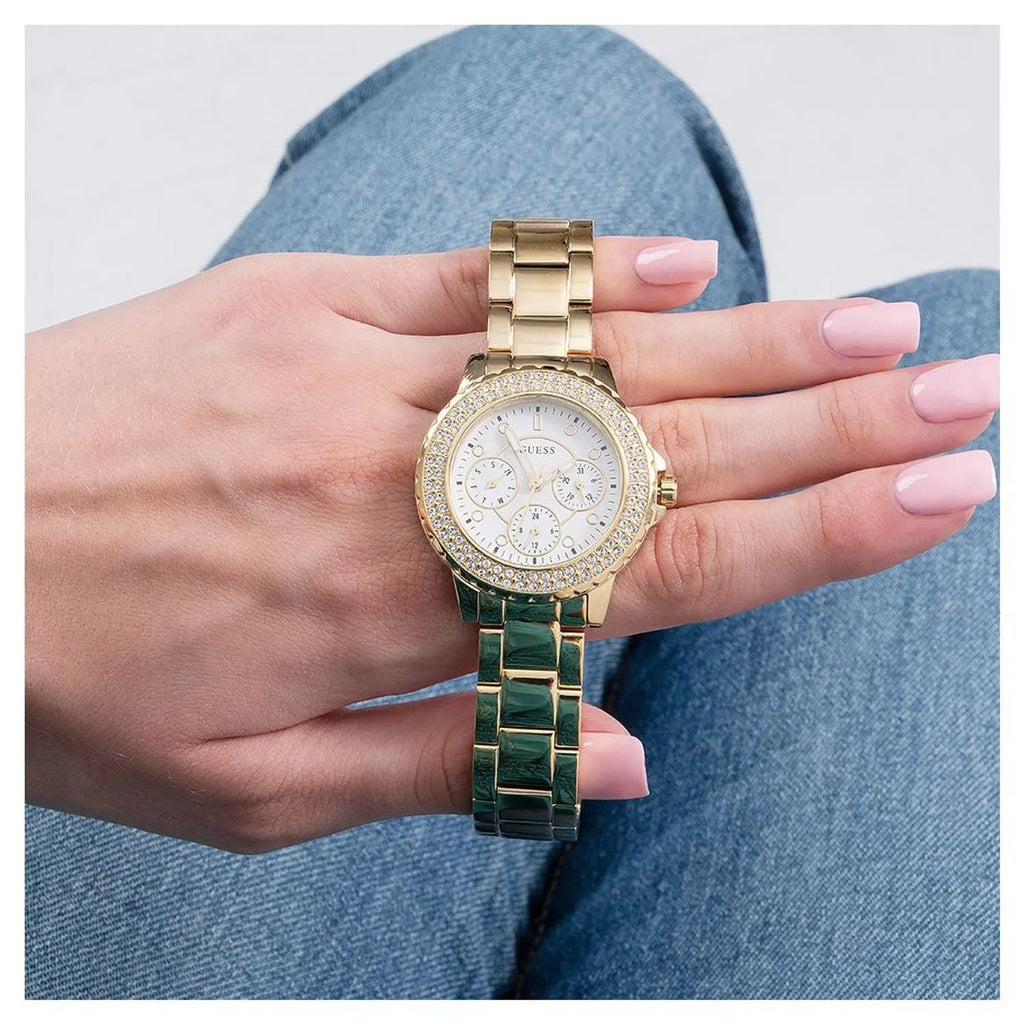 Guess Crown Jewel Diamonds White Dial Gold Steel Strap Watch for Women - GW0410L2 Buy Now By Guess