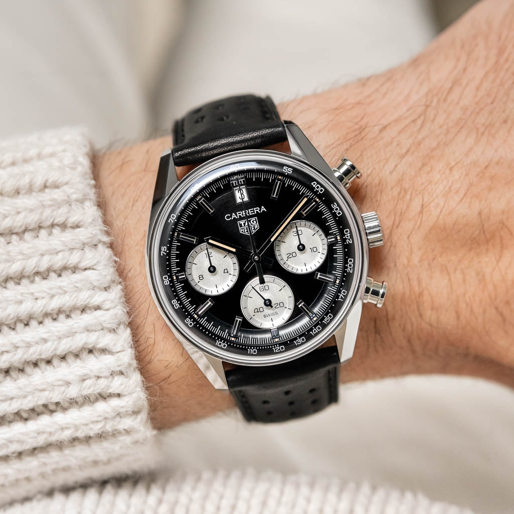 Tag Heuer Carrera Automatic Chronograph Black Dial Black Leather Strap Watch for Men - CBS2210.FC6534 Buy Now By Tag Heuer