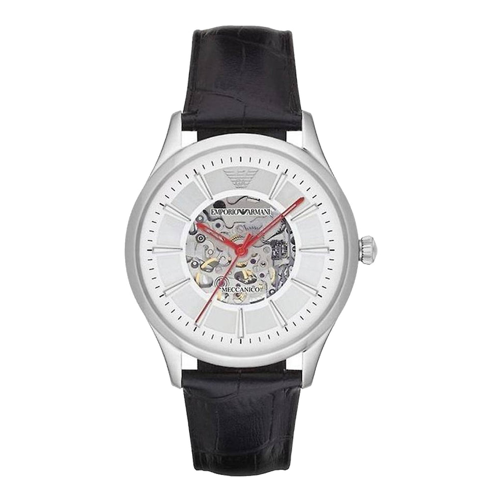 Emporio Armani Meccanico Silver Skeleton Dial Black Leather Watch For Men - AR1997 Buy Now By Emporio Armani