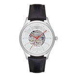 Emporio Armani Meccanico Silver Skeleton Dial Black Leather Watch For Men - AR1997 Buy Now By Emporio Armani