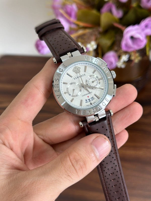Versace Aion Chronograph White Dial Brown Leather Strap Watch for Men - VBR010017 Buy Now By Versace