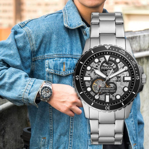 Fossil FB-01 Automatic Skeleton Black Dial Silver Steel Strap Watch for Men - ME3190 Buy Now By Fossil