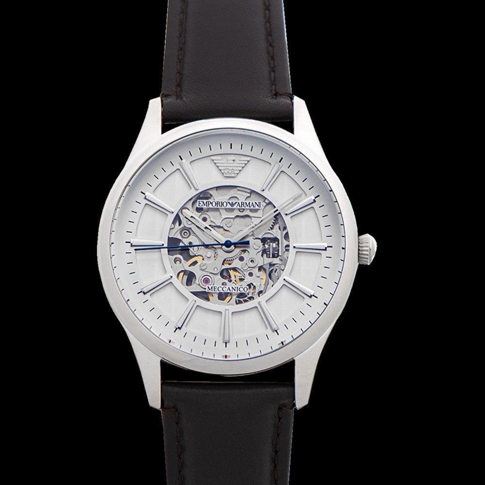 Emporio Armani Meccanico White Dial Brown Leather Strap Watch For Men - AR1946 Buy Now By Emporio Armani