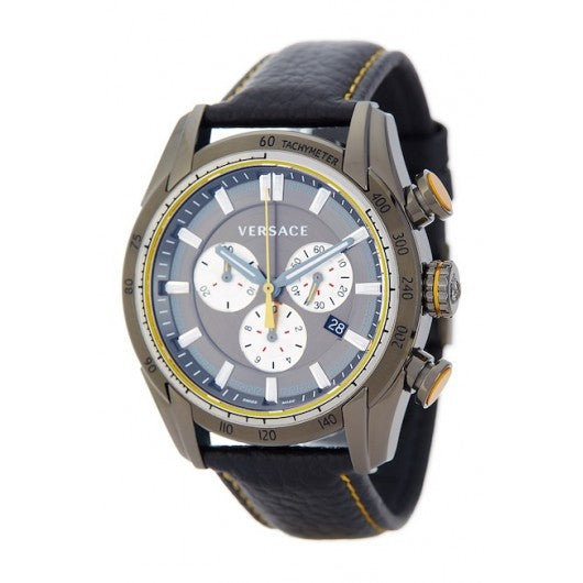 Versace V Ray Chronograph Grey Dial Black Leather Strap Watch for Men - VDB020014 Buy Now By Versace