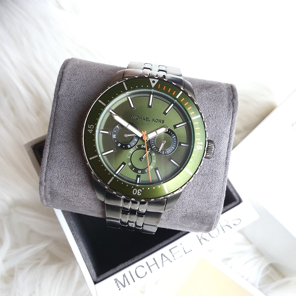 Michael Kors Cunningham Multifunction Chronograph Green Dial Grey Steel Strap Watch For Men - MK7158 Buy Now By Michael Kors