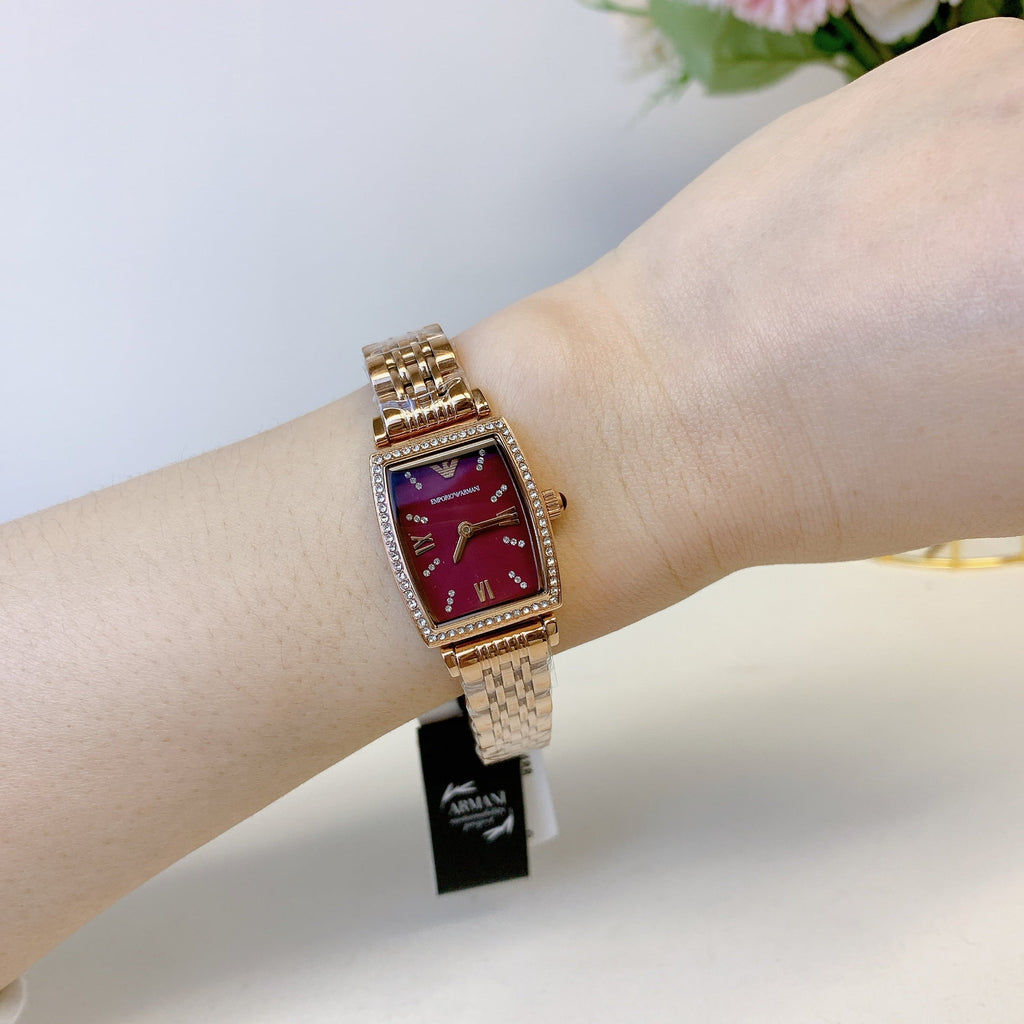 Emporio Armani Two Hand Diamonds Burgundy Dial Rose Gold Steel Strap Watch For Women - AR11488 Buy Now By Emporio Armani