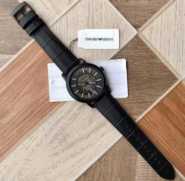 Emporio Armani Meccanico Automatic Skeleton Dial Black Leather Strap Watch For Men - AR60008 Buy Now By Emporio Armani