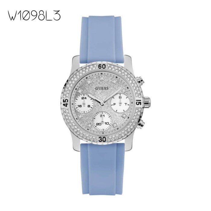 Guess Confetti Crystal Silver Dial Blue Rubber Strap Watch For Women - W1098L3 Buy Now By Guess
