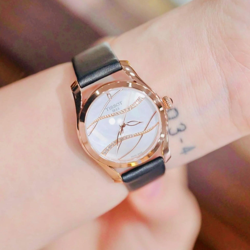 Tissot T Wave Diamond Mother of Pearl Dial Black Leather Strap Watch For Women - T112.210.36.111.00 Buy Now By Tissot