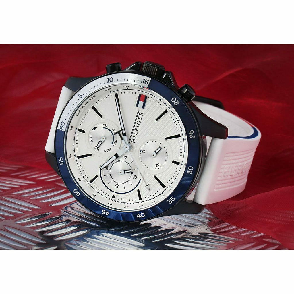 Tommy Hilfiger Bank Chronograph White Dial White Rubber Strap Watch for Men - 1791723 Buy Now By Tommy Hilfiger