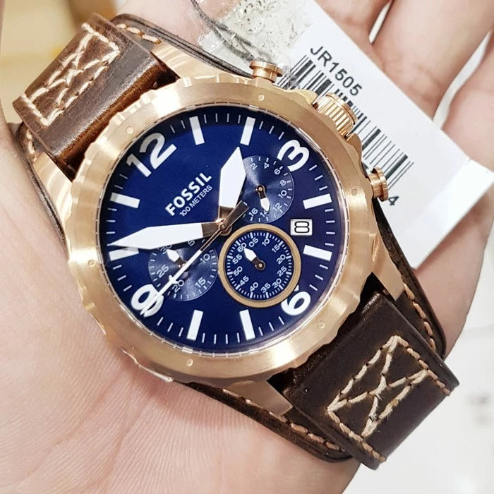 Fossil Nate Chronograph Blue Dial Brown Leather Strap Watch for Men - JR1505 Buy Now By Fossil