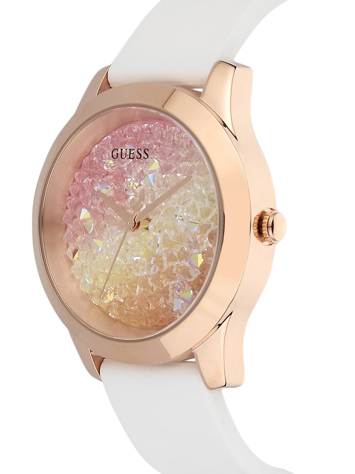 Guess Crush Crystals Gold Dial White Rubber Strap Watch for Women - W1223L3 Buy Now By Guess
