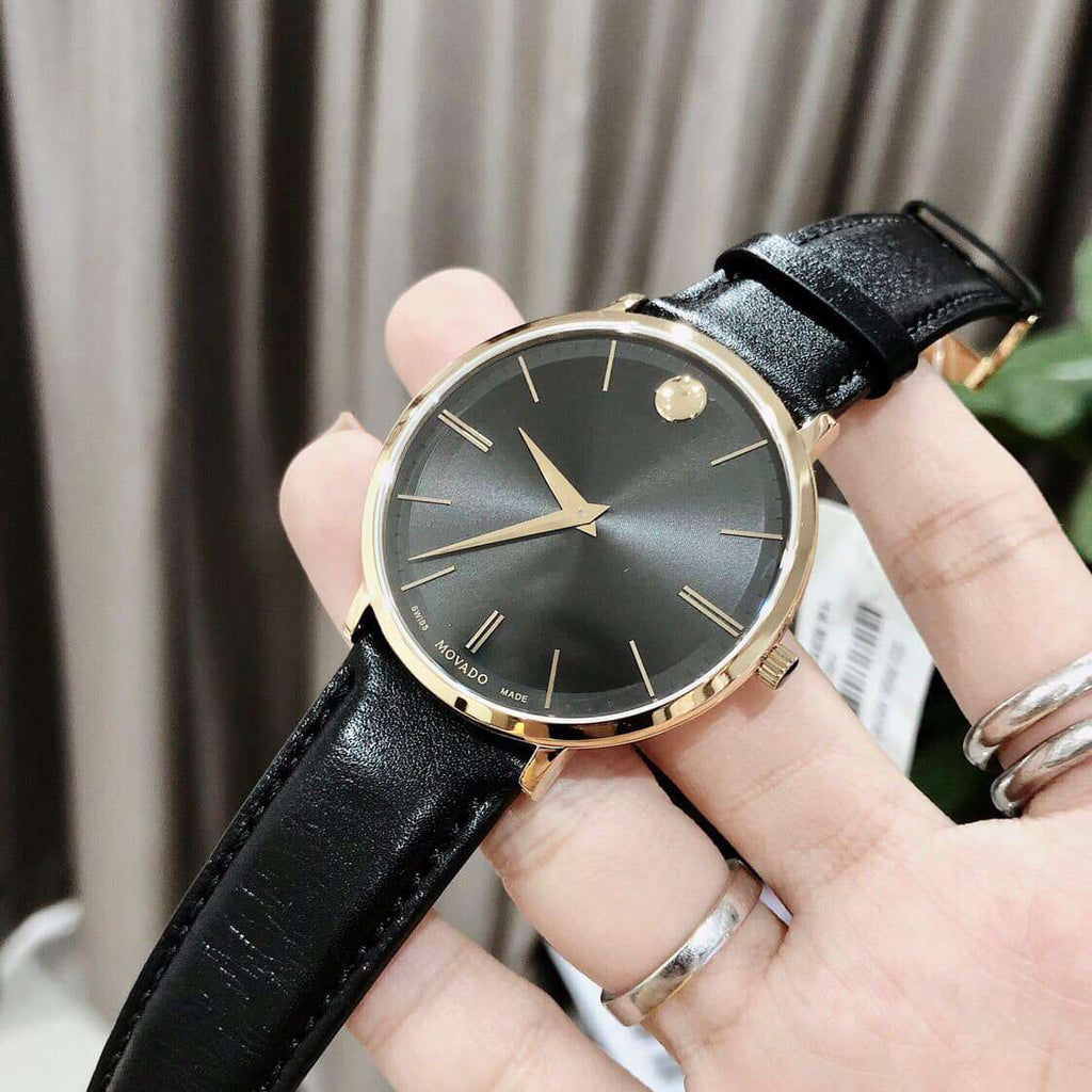 Movado Ultra Slim Black Dial Black Leather Strap Watch For Men - 0607087 Buy Now By Movado