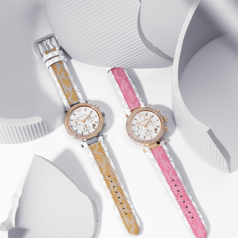 Michael Kors Parker Chronograph White Dial Two Tone Leather Strap Watch For Women - MK6950 Buy Now By Michael Kors