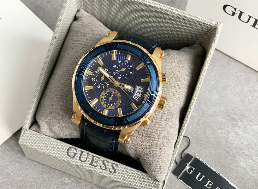 Guess Pinnacle Chronograph Quartz Blue Dial Blue Leather Strap Watch For Men - W0673G2 Buy Now By Guess