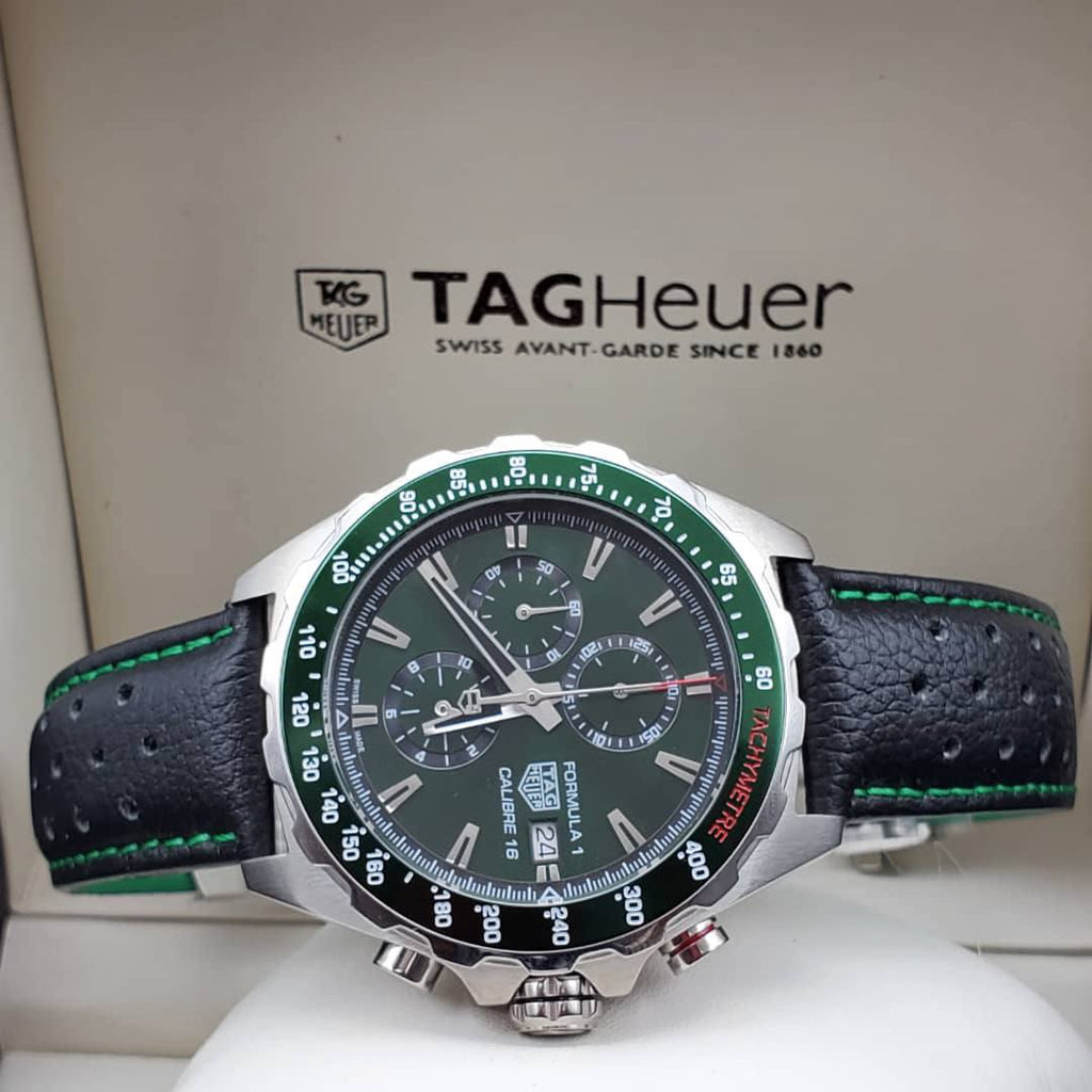 Tag Heuer Formula 1 Calibre 16 Automatic Chronograph Green Dial Black Leather Strap Watch for Men - CAZ2016.FC6473 Buy Now By Tag Heuer