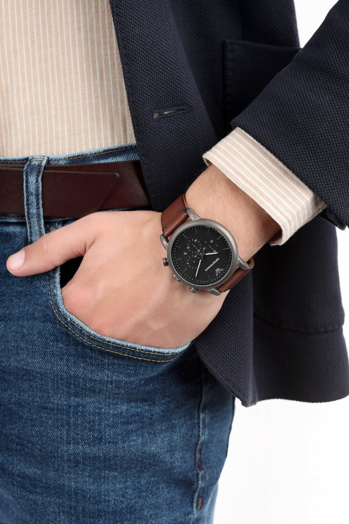 Emporio Armani Classic Chronograph Black Dial Brown Leather Strap Watch For Men - AR1919 Buy Now By Emporio Armani