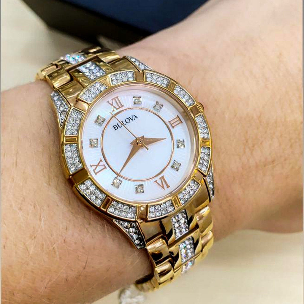 Bulova Crystal Mother of Pearl Dial Rose Gold Steel Strap Watch for Women - 98L197 Buy Now By Bulova