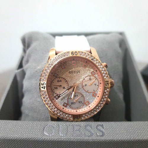 Guess Confetti Crystal Rose Gold Dial White Silicone Strap Watch For Women - W1098L5 Buy Now By Guess