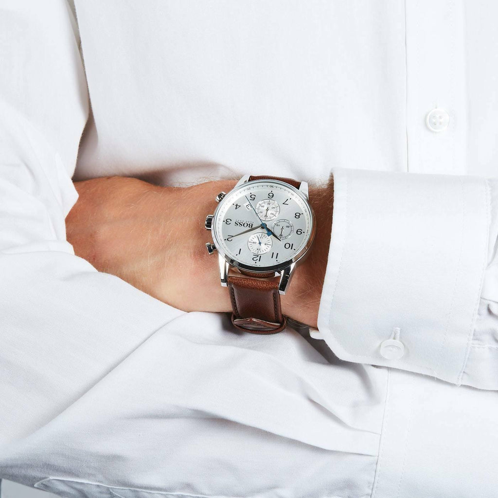 Hugo Boss Navigator White Dial Brown Leather Strap Watch for Men - 1513495