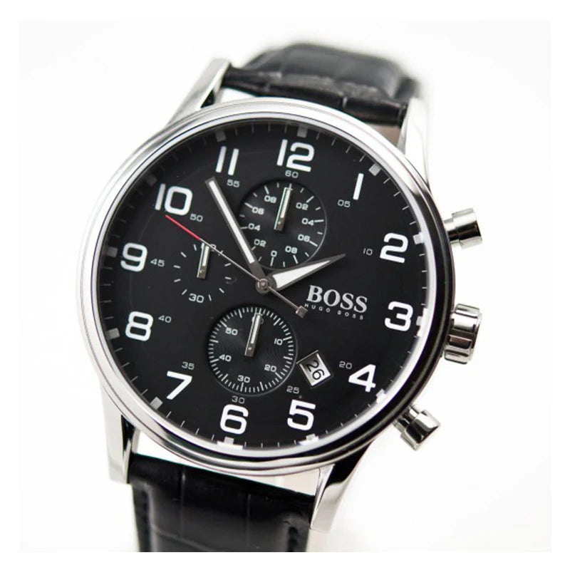 Hugo Boss Aeroliner Chronograph Quartz Black Dial Black Leather Strap Watch For Men - HB1512448 Buy Now By Hugo Boss