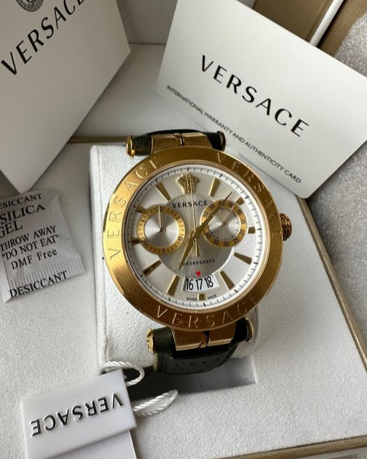 Versace Aion Chronograph White Dial Green Leather Strap Watch for Men - VBR020017 Buy Now By Versace