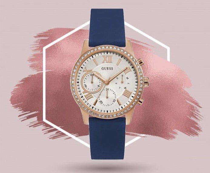 Guess Solar White Rose Gold Dial Blue Rubber Strap Watch For Women - W1135L3 Buy Now By Guess