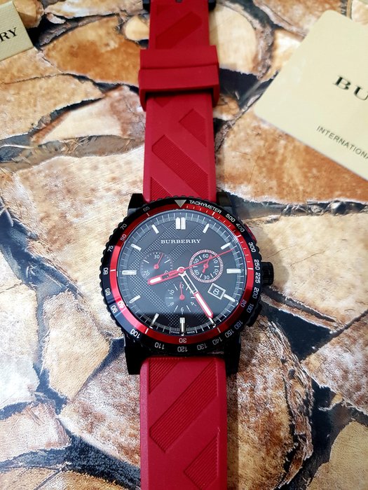 Burberry The City Chronograph Black Dial Red Rubber Strap Watch For Men - BU9805 Buy Now By Burberry