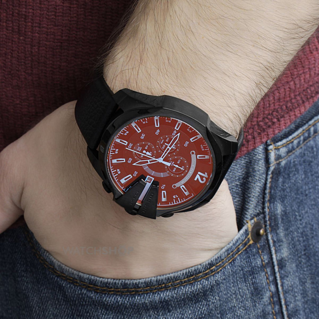 Diesel Mega Chief Chronograph Black Dial Black Leather Strap Watch For Men - DZ4323 Buy Now By Diesel