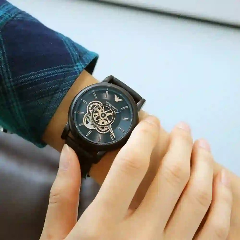 Emporio Armani Luigi Automatic Skeleton Black Dial Black Leather Strap Watch For Men - AR60012 Buy Now By Emporio Armani