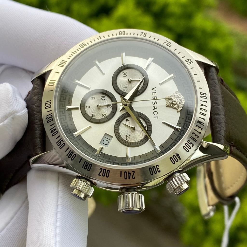 Versace Classic Chronograph Quartz Silver Dial Brown Leather Strap Watch For Men - VEV700119 Buy Now By Versace