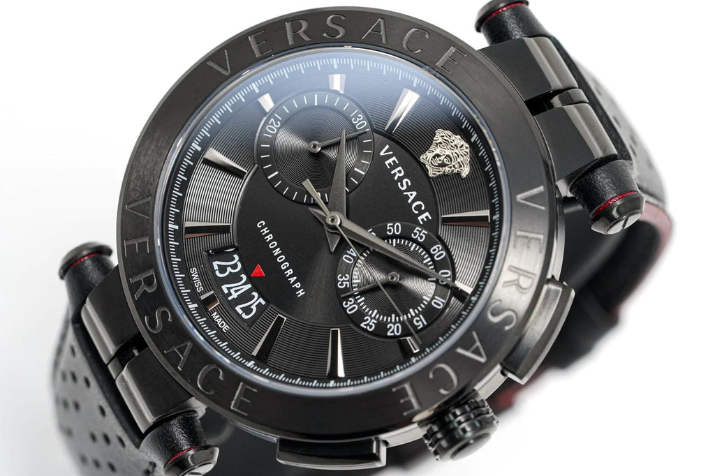 Versace V-Racer Aion Chronograph Black Dial Black Leather Strap Watch for Men - VBR030017 Buy Now By Versace