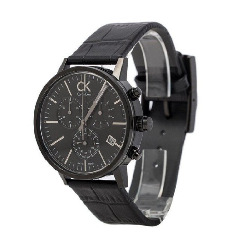 Calvin Klein Post Minimal Chronograph Black Dial Black Leather Strap Watch for Men - K7627401 Buy Now By Calvin Klein