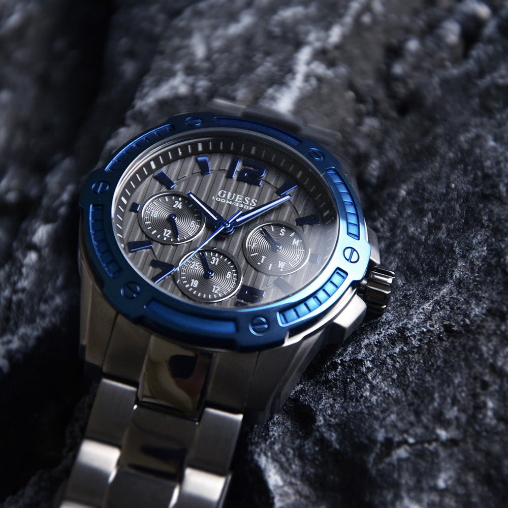 Guess Flagship Multifunction Chronograph Grey Dial Grey Steel Strap Watch for Men - W0601G1 Buy Now By Guess