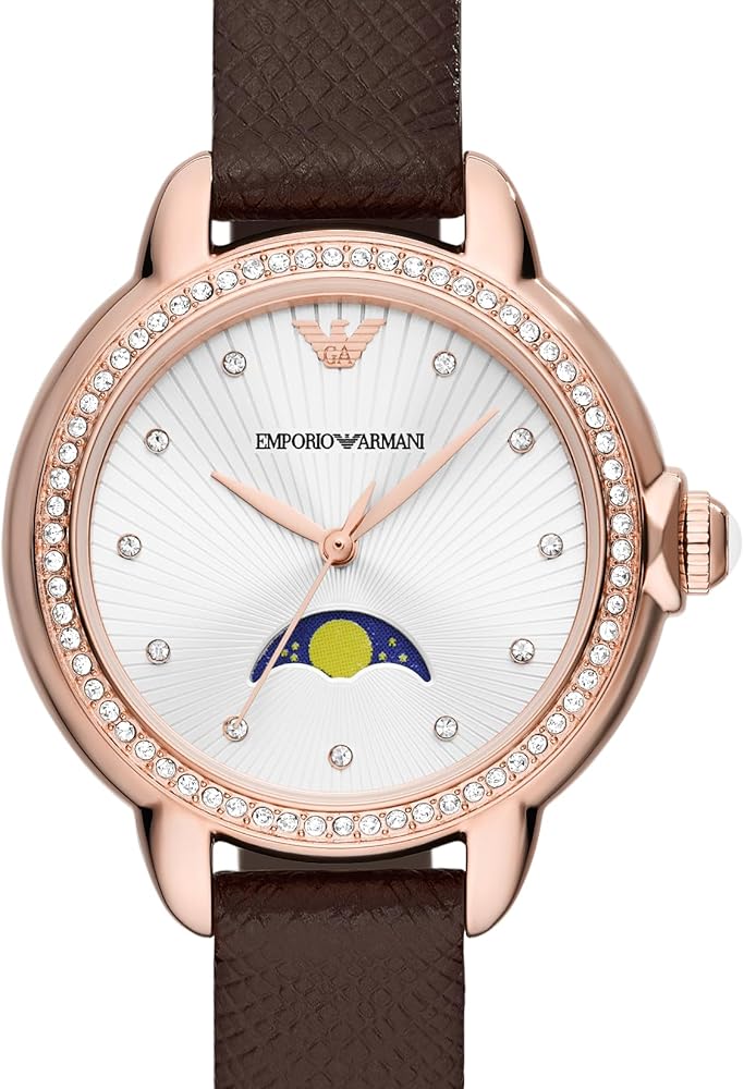 Emporio Armani Mia Moonphase Silver Dial Brown Leather Strap Watch For Women - AR11568 Buy Now By Emporio Armani