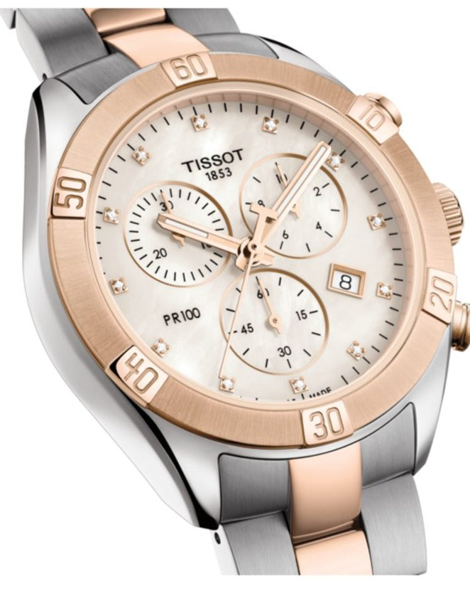 Tissot PR 100 Sport Chic Chronograph Diamonds Mother of Pearl Dial Two Tone Steel Strap Watch for Women - T101.917.22.116.00 Buy Now By Tissot
