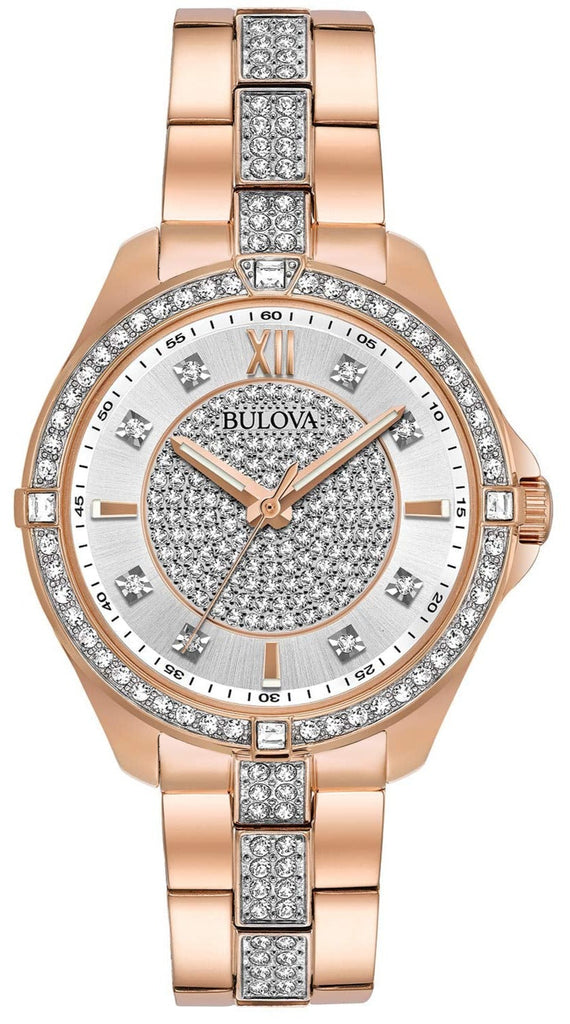 Bulova Crystal Collection Silver Dial Rose Gold Steel Strap Watch for Women - 98L229 Buy Now By Bulova