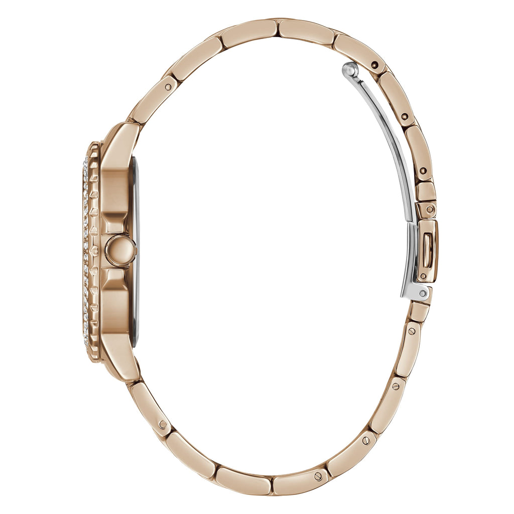 Guess Crown Jewel Multifunction Diamonds White Dial Rose Gold Steel Strap Watch For Women - GW0410L3 Buy Now By Guess