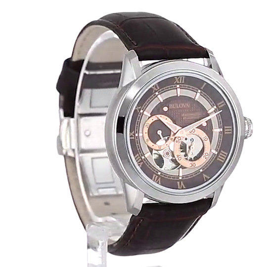 Bulova Classic Skeleton Automatic Brown Dial Brown Leather Strap Watch for Men - 96A120 Buy Now By Bulova