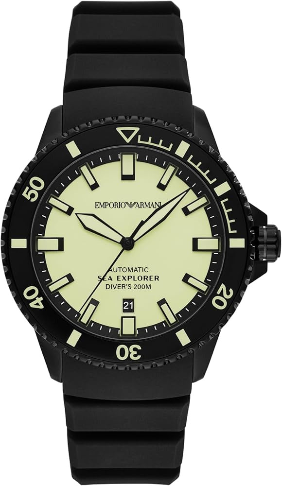 Emporio Armani Sea Explorer Automatic Yellow Dial Black Silicone Strap Watch For Men - AR60085 Buy Now By Emporio Armani