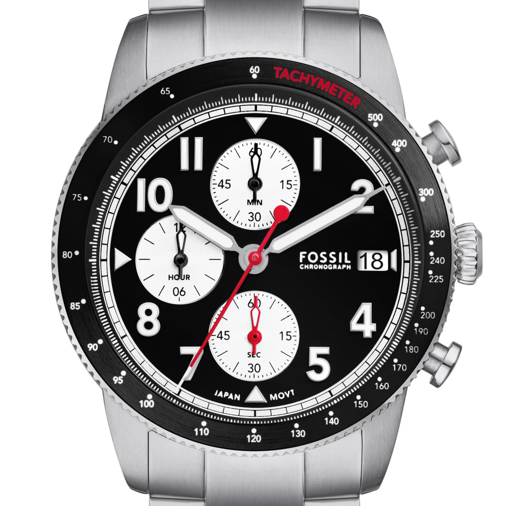 Fossil Sport Tourer Chronograph Black Dial Silver Steel Strap Watch for Men - FS6045 Buy Now By Fossil