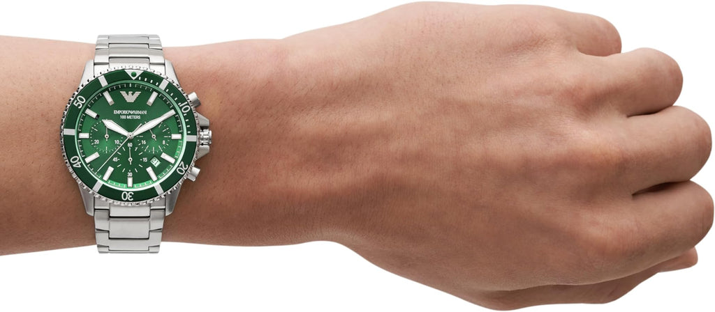 Emporio Armani Diver Chronograph Green Dial Silver Steel Strap Watch For Men - AR11500