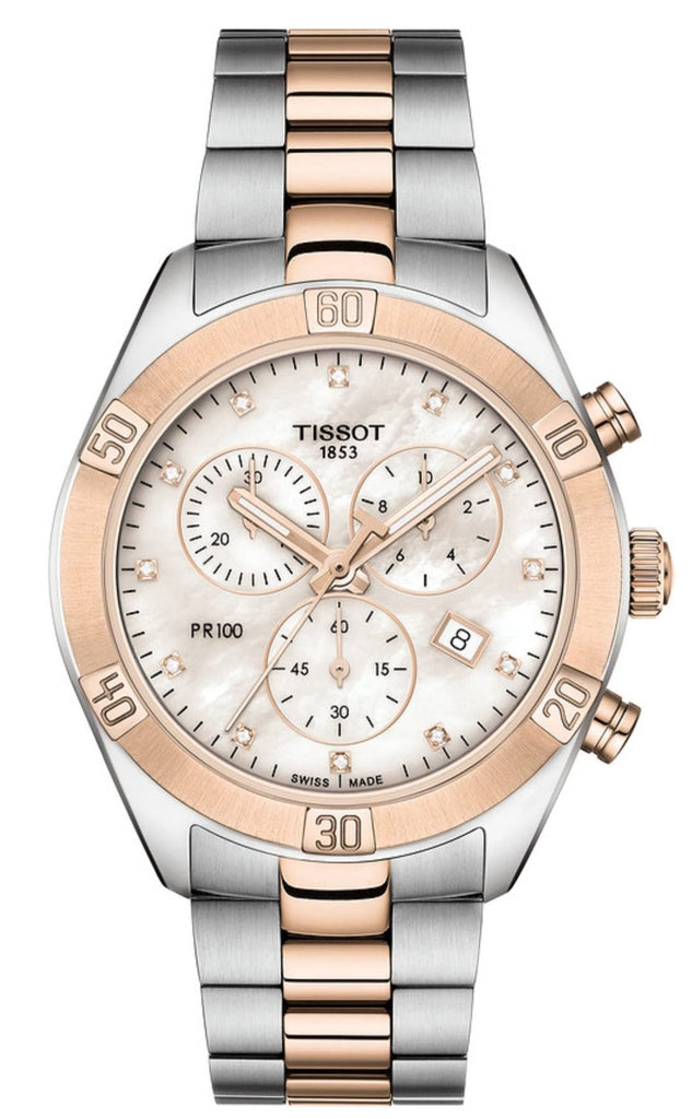 Tissot PR 100 Sport Chic Chronograph Diamonds Mother of Pearl Dial Two Tone Steel Strap Watch for Women - T101.917.22.116.00 Buy Now By Tissot