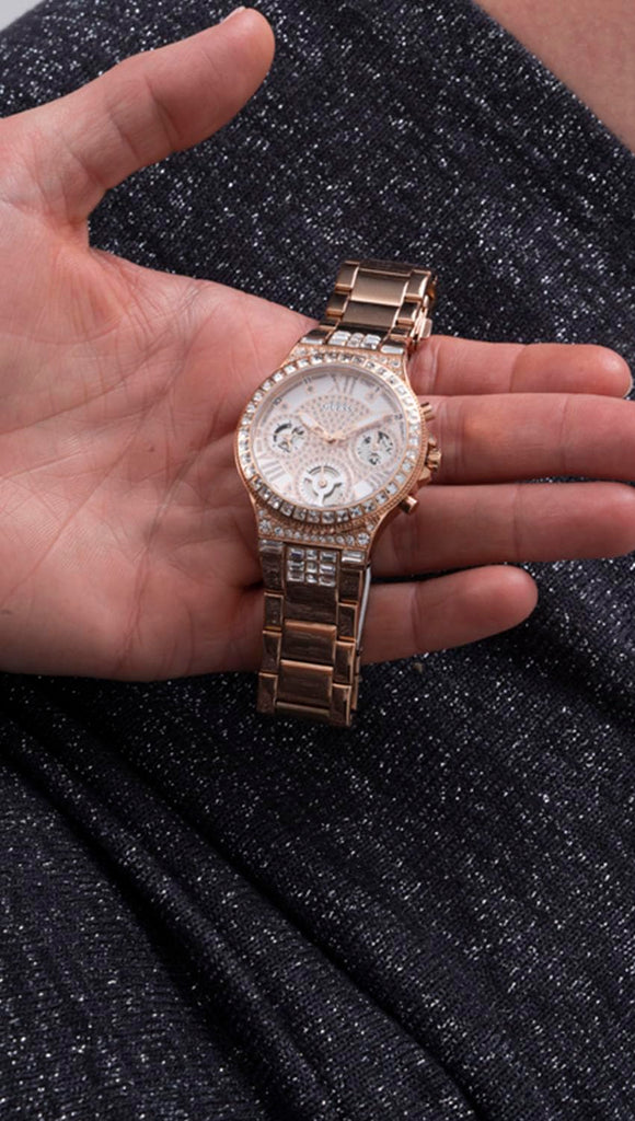Guess Moonlight Multi Function Diamonds White Dial Rose Gold Steel Strap Watch for Women - GW0320L3 Buy Now By Guess