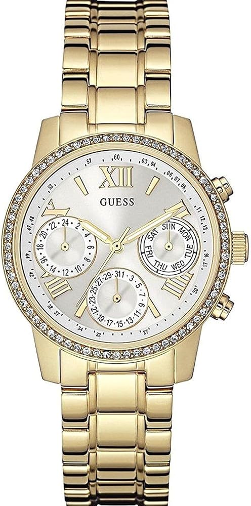 Guess Mini Sunrise Diamonds Silver Dial Gold Steel Strap Watch for Women - W0623L3 Buy Now By Guess