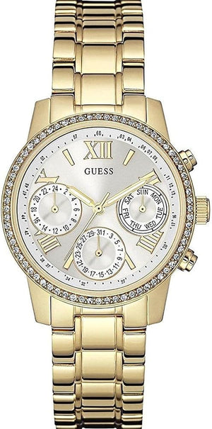 Guess Mini Sunrise Diamonds Silver Dial Gold Steel Strap Watch for Women - W0623L3 Buy Now By Guess