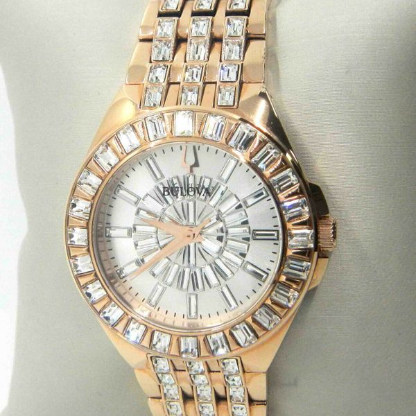 Bulova Phantom White Dial with Swarovski Baguettes Rose Gold Steel Strap Watch for Women - 98L268 Buy Now By Bulova