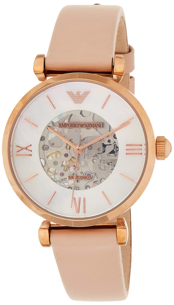 Emporio Armani Meccanico Silver Skeleton Dial Beige Leather Strap Watch For Women - AR60001 Buy Now By Emporio Armani